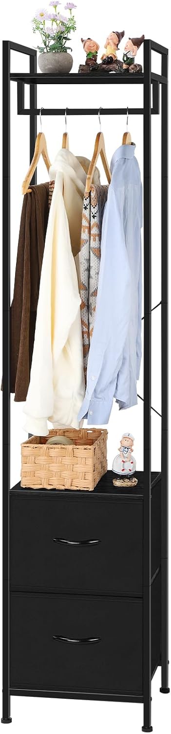 smusei Clothes Rack 3 Tiers Heavy Duty Coat Rack with 2 Fabric Drawers and Storage Shelves Freestanding Cloth Hanger Garment Rack for Bedroom Entryway Living room Black