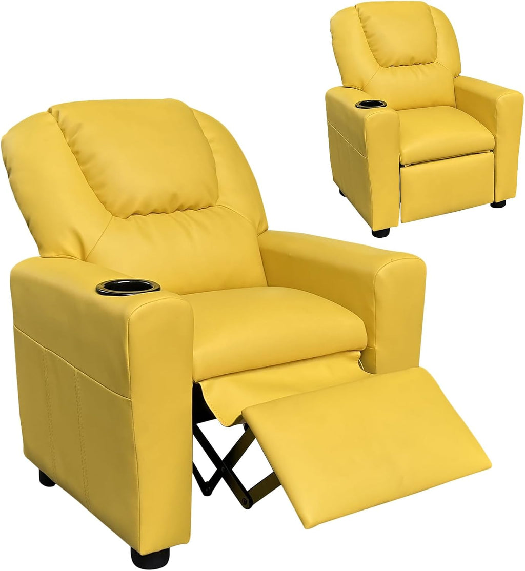 Kids Recliner Chair w/ Cup Holder, Toddler Recliner Chair Ages 1-4, 2-in-1 PU Leather Single Sofa for Boys/Girls, Kids Lazy Boy Chairs, Upholstered Armchair, Adjustable Backrest & Footrest (Yellow)
