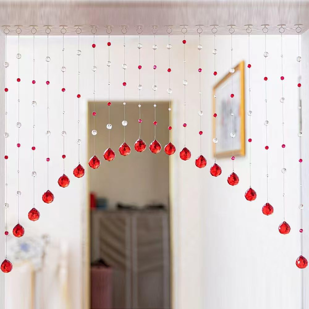 20 Strings Crystal Beaded Curtain, Arched Door String Curtain, Hanging Doorway Room Divider Suitable for Home, Coffee House, Bedroom, Restaurant. (Ruby Red)