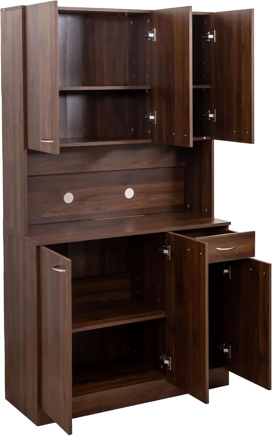 70.87 Inch Tall Kitchen Pantry Storage Cabinet with 6 Doors, 1 Drawer & Open Shelf – Versatile Hutch Cabinet for Ample Organization, Ideal as Pantry, Sideboard or Coffee Bar Cabinet, Dark walnut