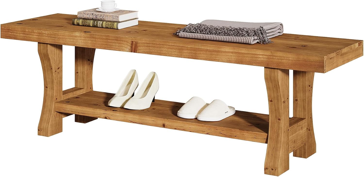 Solid Wood Entryway Bench, 55" End of Bed Bench, Long Indoor Dining Seat for Hallway, Bedroom, Living Room, Dining Room, Easy Assembly, Brown