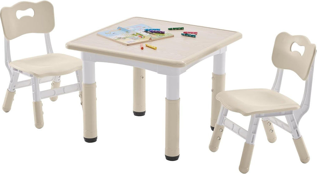 DOREROOM Kids Table and 2 Chairs Set, Height-Adjustable Toddler Table and Chairs Set with Graffiti Desktop, 23.6''L x 23.6''W Children Activity Table for Daycare, Classroom, Home, Burlywood-w