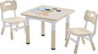 DOREROOM Kids Table and 2 Chairs Set, Height-Adjustable Toddler Table and Chairs Set with Graffiti Desktop, 23.6''L x 23.6''W Children Activity Table for Daycare, Classroom, Home, Burlywood-w