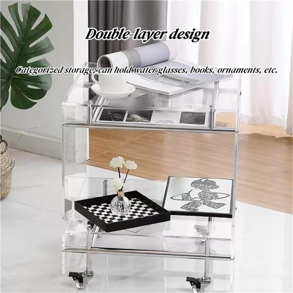 Movable Acrylic Couch Side Table, Creative Double-Layer Night Stand, Transparent Coffee Table with Wheels, Multi-Purpose End Table for Living Room and Bedroom(Yellow)