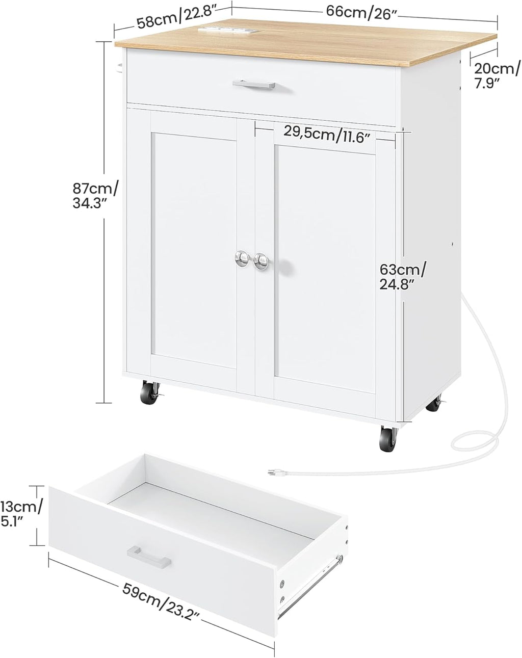 CHOEZON Kitchen Island, Kitchen Island Cart with One Double Cabinet and Drawer, Rolling Storage Cart with Power Strip, with Drop Leaf, for Kitchen, Living Room, White and Natural MZD01UWNN1