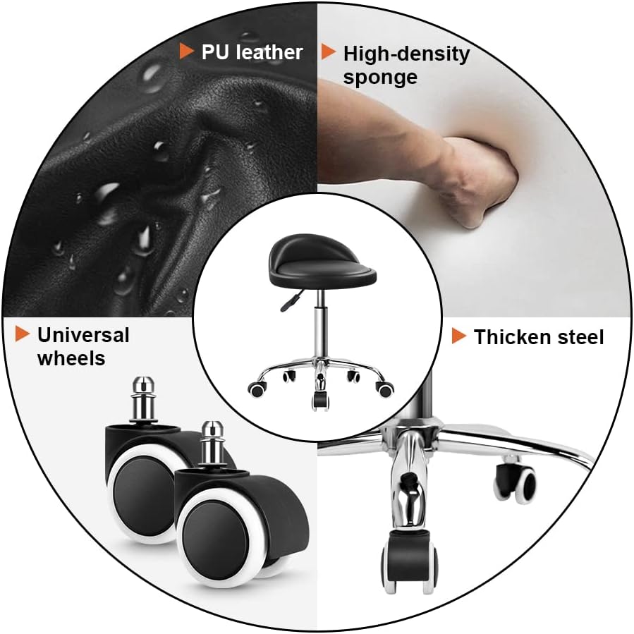 KKTONER PU Leather Round Rolling Stool with Back Rest Height Adjustable Swivel Drafting Work SPA Task Chair with Wheels Black