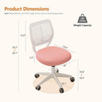 JPBSTO Armless Desk Chair, Height Adjustable Swivel Office Rolling Task Chairs with Soft Mesh Padded Cushion, Ergonomic Small Study Computer Chair for Girls Boys Teens, Pink