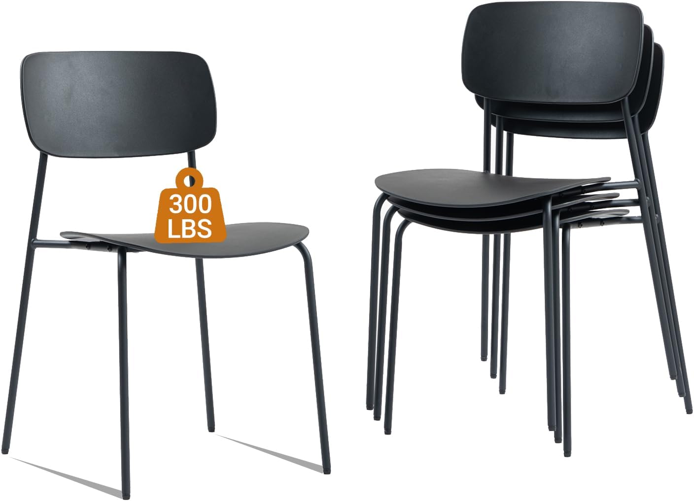 Sidanli Stackable Chairs Set of 4, Waiting Room Chairs with Metal Legs and Ergonomic Plastic Seat, Stacking Office Chairs for Conference Reception Church Banquet, Black