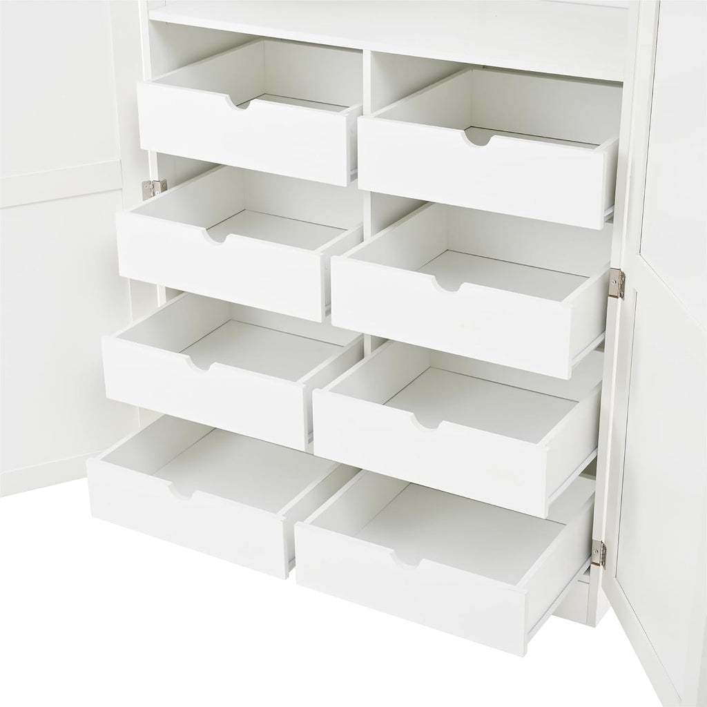 Freestanding Tall Kitchen Pantry Cabinet with 4 Doors and 2 Door Shelves,8 Pull-Out Trays and Adjustable Shelf,for Dining Room (White/F)