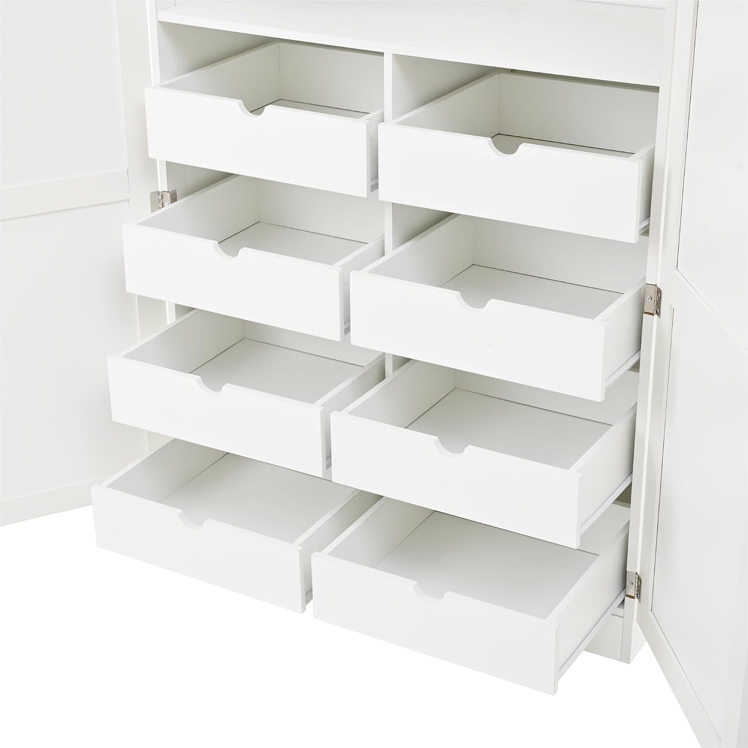 Freestanding Tall Kitchen Pantry Cabinet with 4 Doors and 2 Door Shelves,8 Pull-Out Trays and Adjustable Shelf,for Dining Room (White/F)