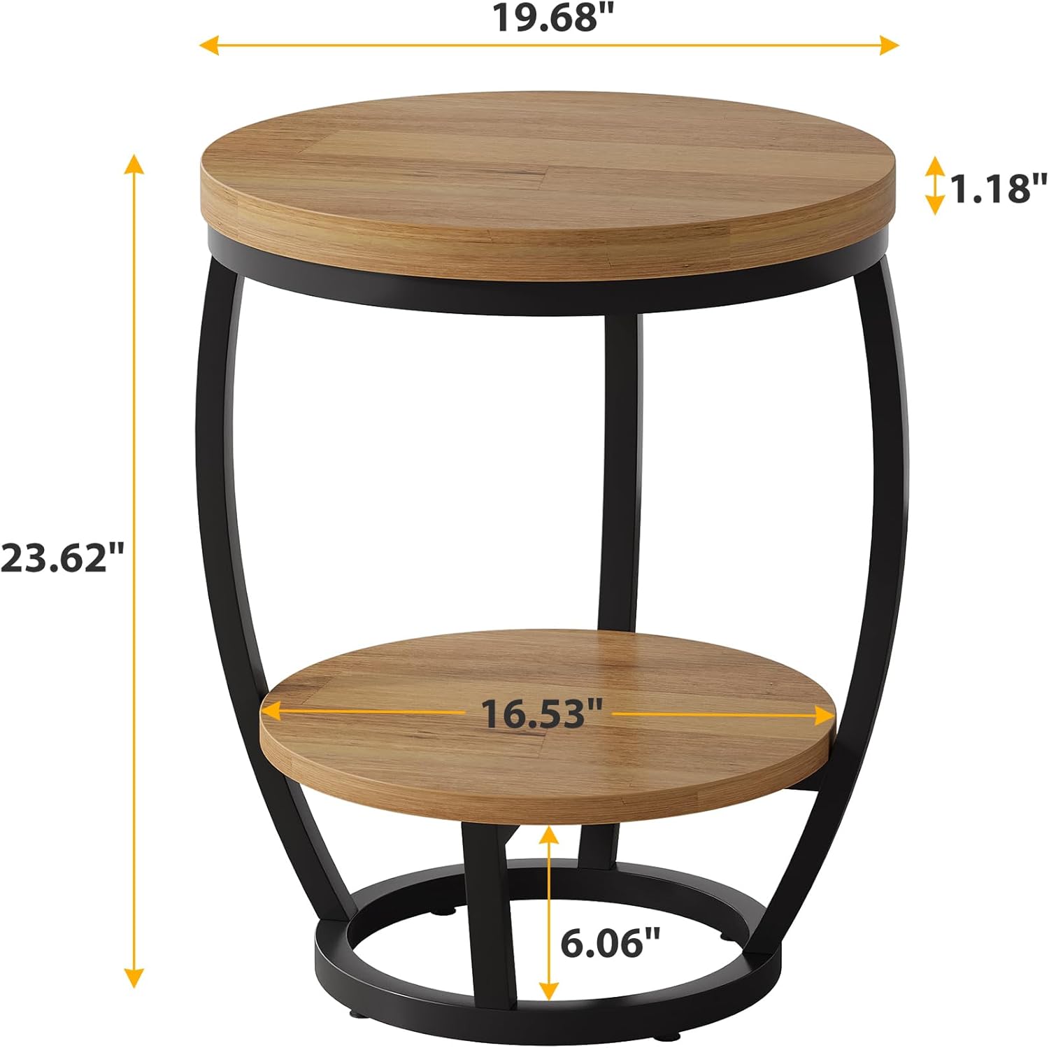 Round End Table Set of 2, 2 Tier Industrial Side Table, Nightstand with Metal Frame, Accent Bedside Table with Storage Shelves for Living Room, Bedroom, Small Spaces, Light Brown & Black
