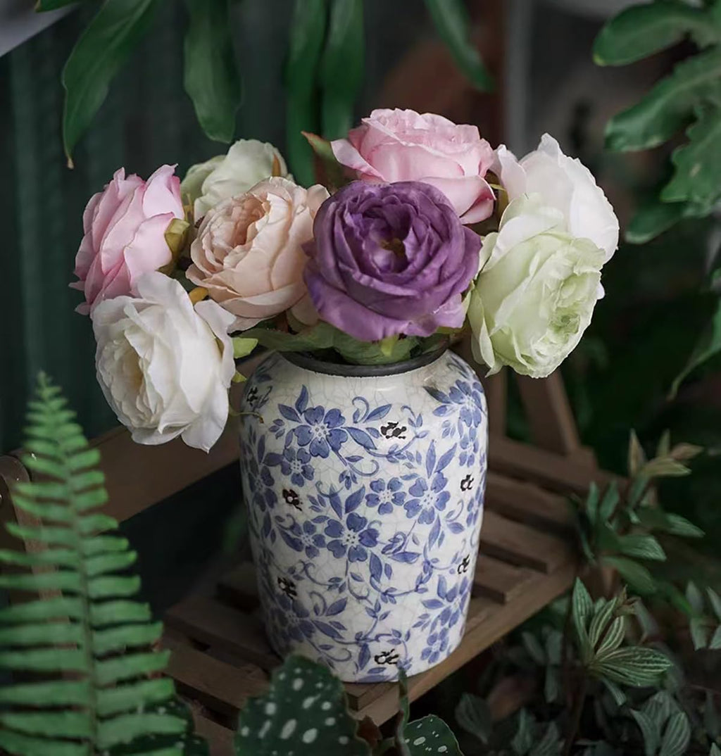 Light Blue White vase Flower Ceramic Porcelain Vintage Chinoiserie Floral French 8" H
