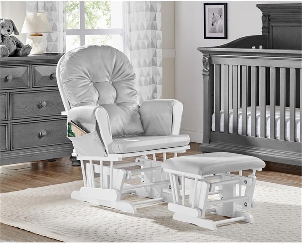 Suite Bebe Mason Nursery Rocking Chair with Ottoman, Wooden Glider for Baby Nursing, Smooth Gliding Rocker, Light Grey and White