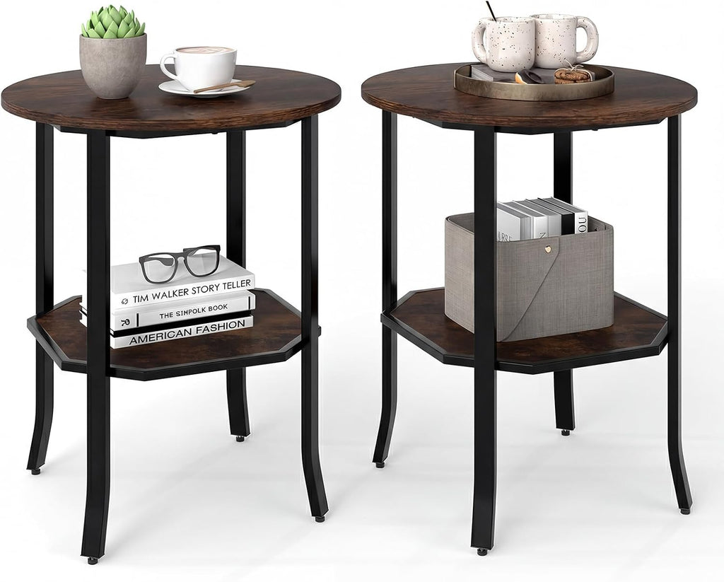 Giantex Round Side Table Set of 2, 2-Tier Small Sofa Couch End Table with Storage Shelf & Steel Frame, Wood Bedside Night Stand for Small Space Bedroom Living Room (Rustic Brown)