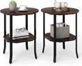 Giantex Round Side Table Set of 2, 2-Tier Small Sofa Couch End Table with Storage Shelf & Steel Frame, Wood Bedside Night Stand for Small Space Bedroom Living Room (Rustic Brown)