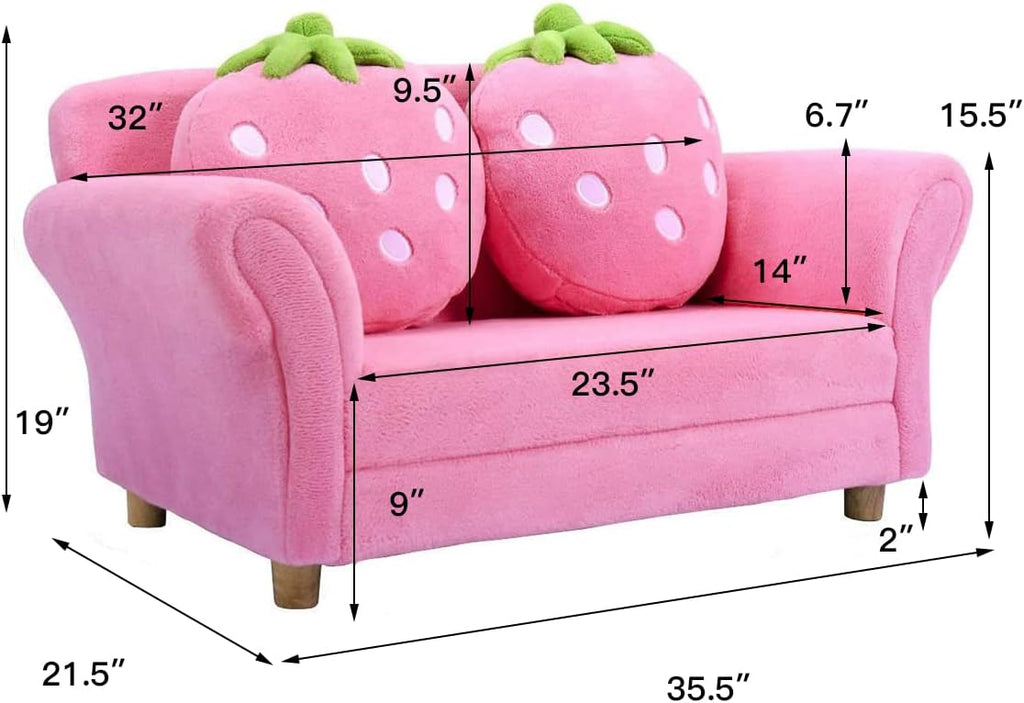 ARLIME Kids Sofa, Upholstered Toddler Couch Chair with Ergonomic Back & 2 Strawberry Pillows, Double Seat Toddler Armchair for Boys Girls
