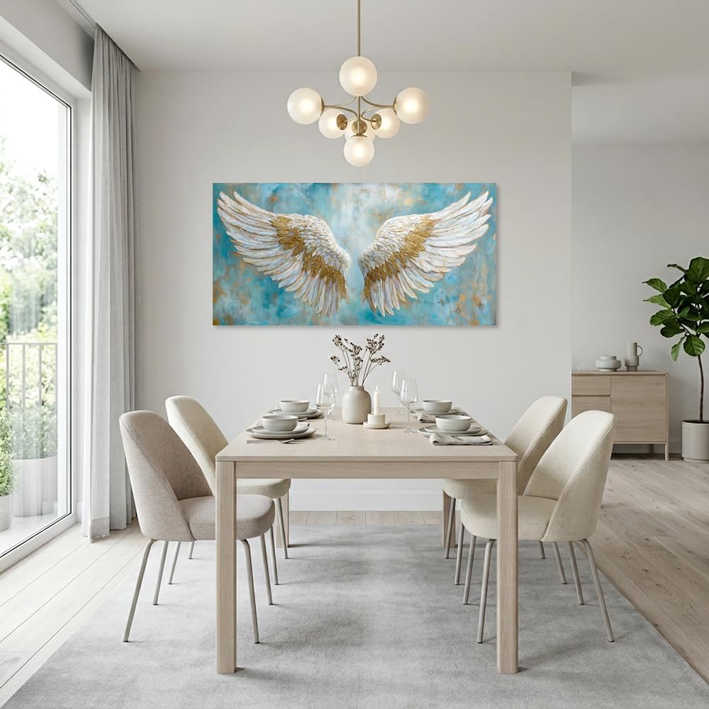 TEKMENT White Angel Wings Wall Art for Bedroom Oil Painting Canvas Prints Beautiful Blue Anime Art Deco Elegant Artwork Office Family Decor