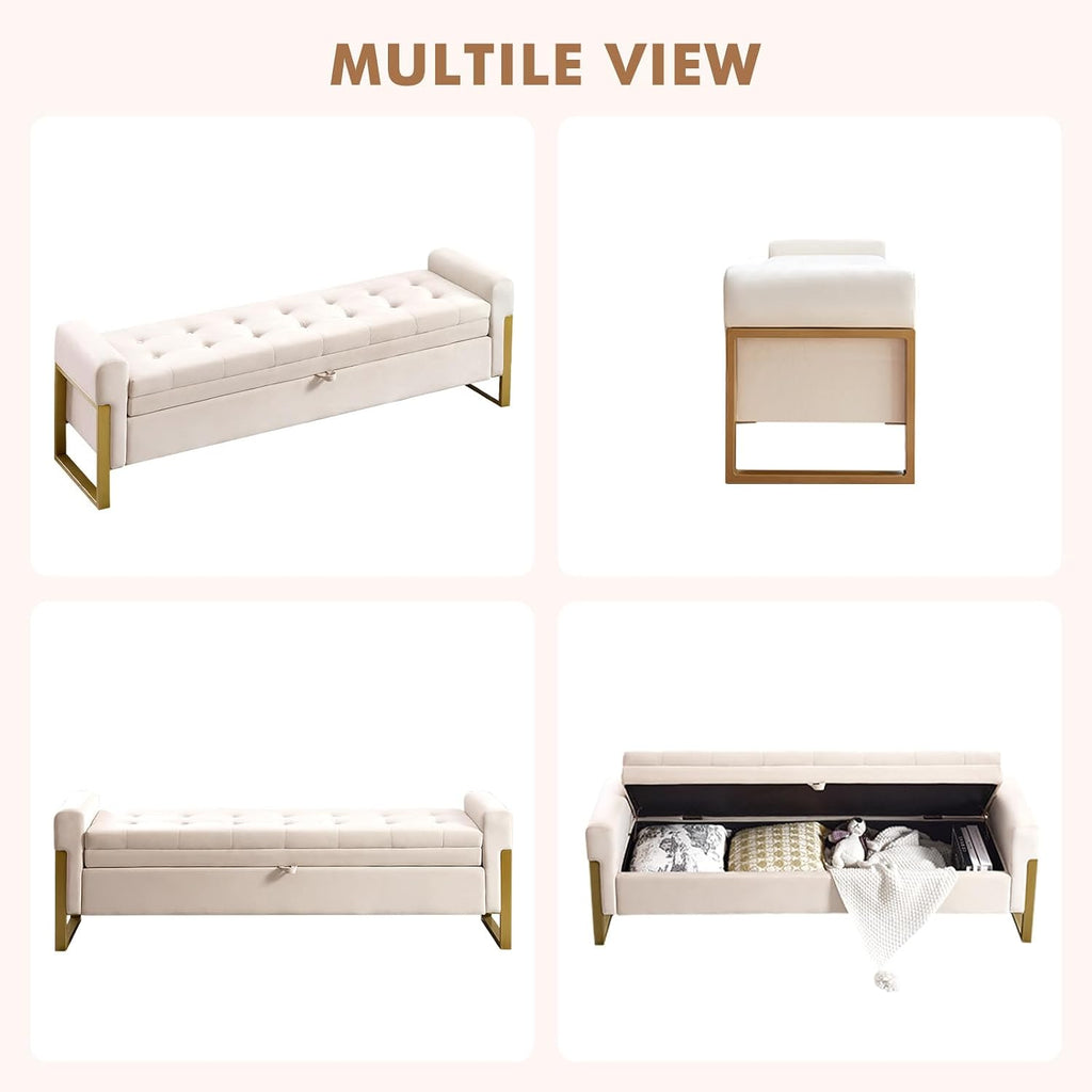 67" Storage Bench for Bedroom, King Size End of Bed Bench, Upholstered Storage Ottoman Bench with Golden Metal Legs, Bedroom Bench for Entryway, Beige