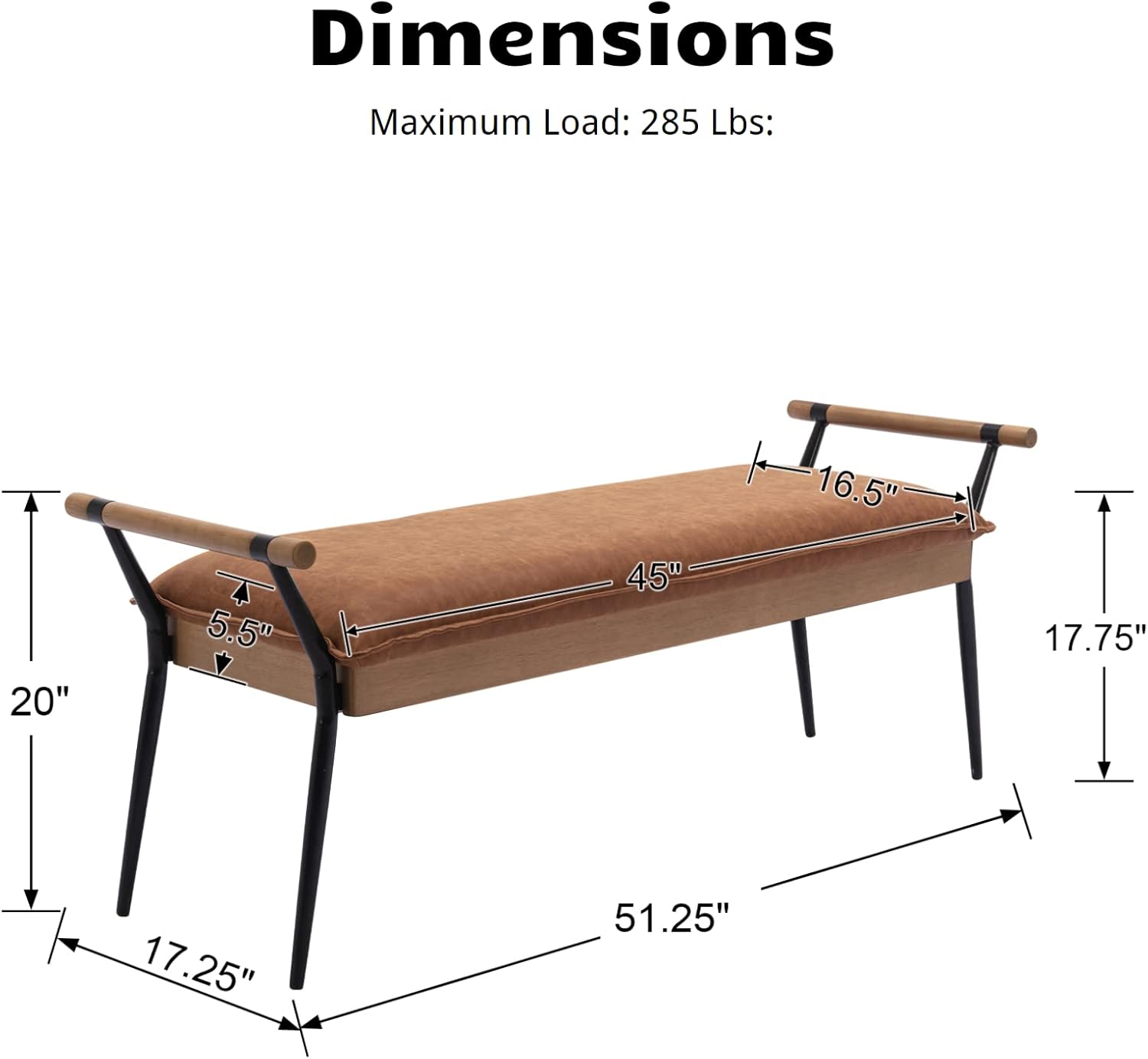 HEAH-YO Modern Dining Bench, 51 Inches Entryway Bench with Armrests, Upholstered PU Leather End of Bench for Bedroom, Brown