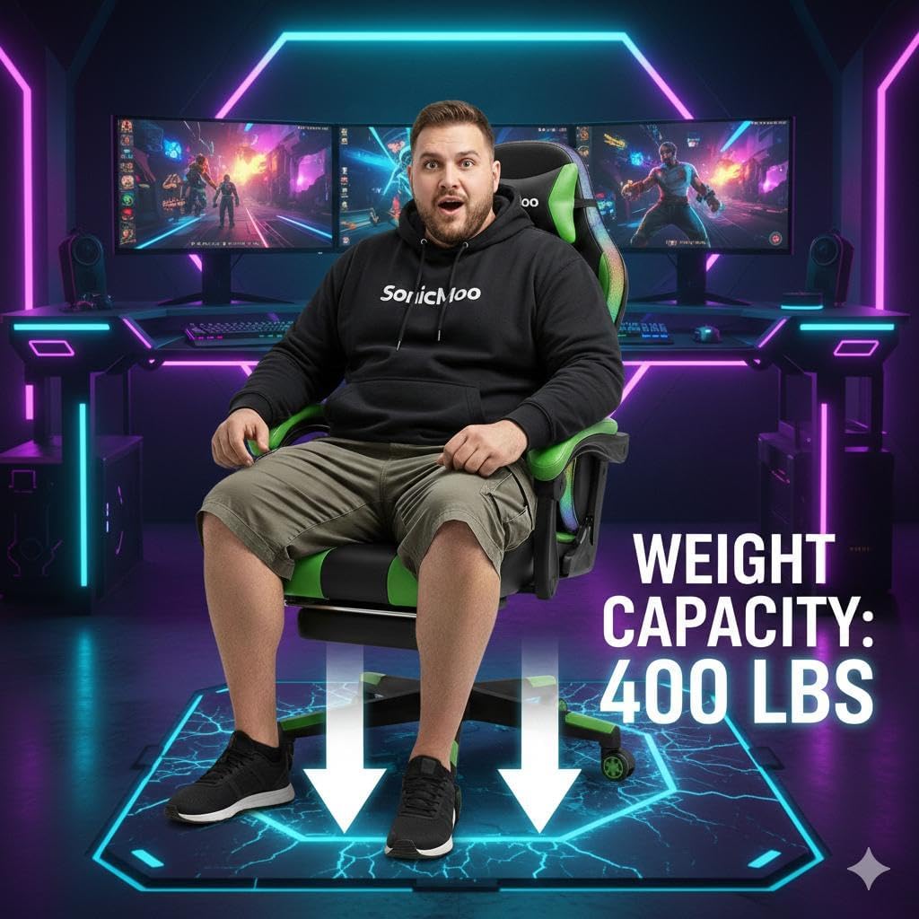 Gaming Chair with RGB LED Lights, Footrest, Lumbar Support & Headrest - High Back Reclining Swivel Computer Chair with Canopy (Blue)