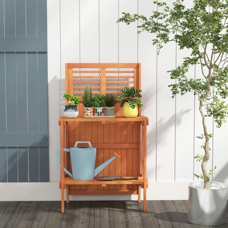 Foldable Wood Potting Bench 2-Tier Storage Shelves Teak Oil Finish Garden Balcony Yard Deck