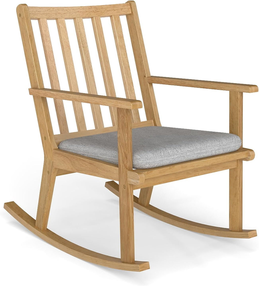GOFLAME Wooden Rocking Chair, Accent Rocker Chair with Rustic Rubber Wood Frame, Removable Cushion and Ergonomic Slatted Backrest, Indoor Armchair for Nursery, Living Room, Bedroom