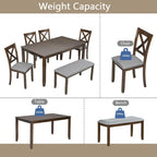 LUMISOL 6-Piece Solid Wood Dining Table Set, Wood Kitchen Table with 4 Chairs and Bench, Farmhouse Dining Table with Bench and Chairs Set for Kitchen, Living Room, Walnut Grey