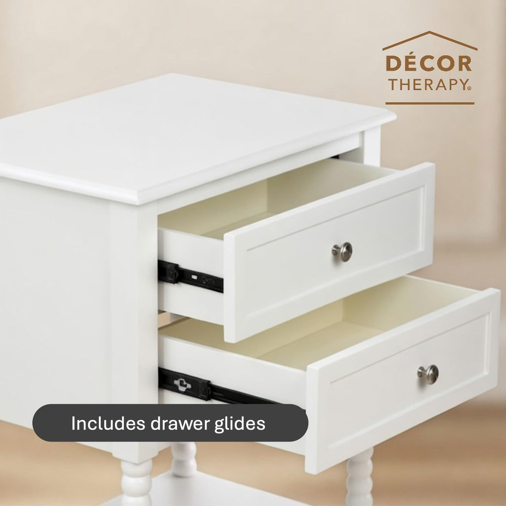 Decor Therapy Preston Two Drawer Side Table, Traditional Side Table with Dual Storage Drawers and Lower Shelf, Classic End Table or Bedside Table for Living Room or Bedroom, White