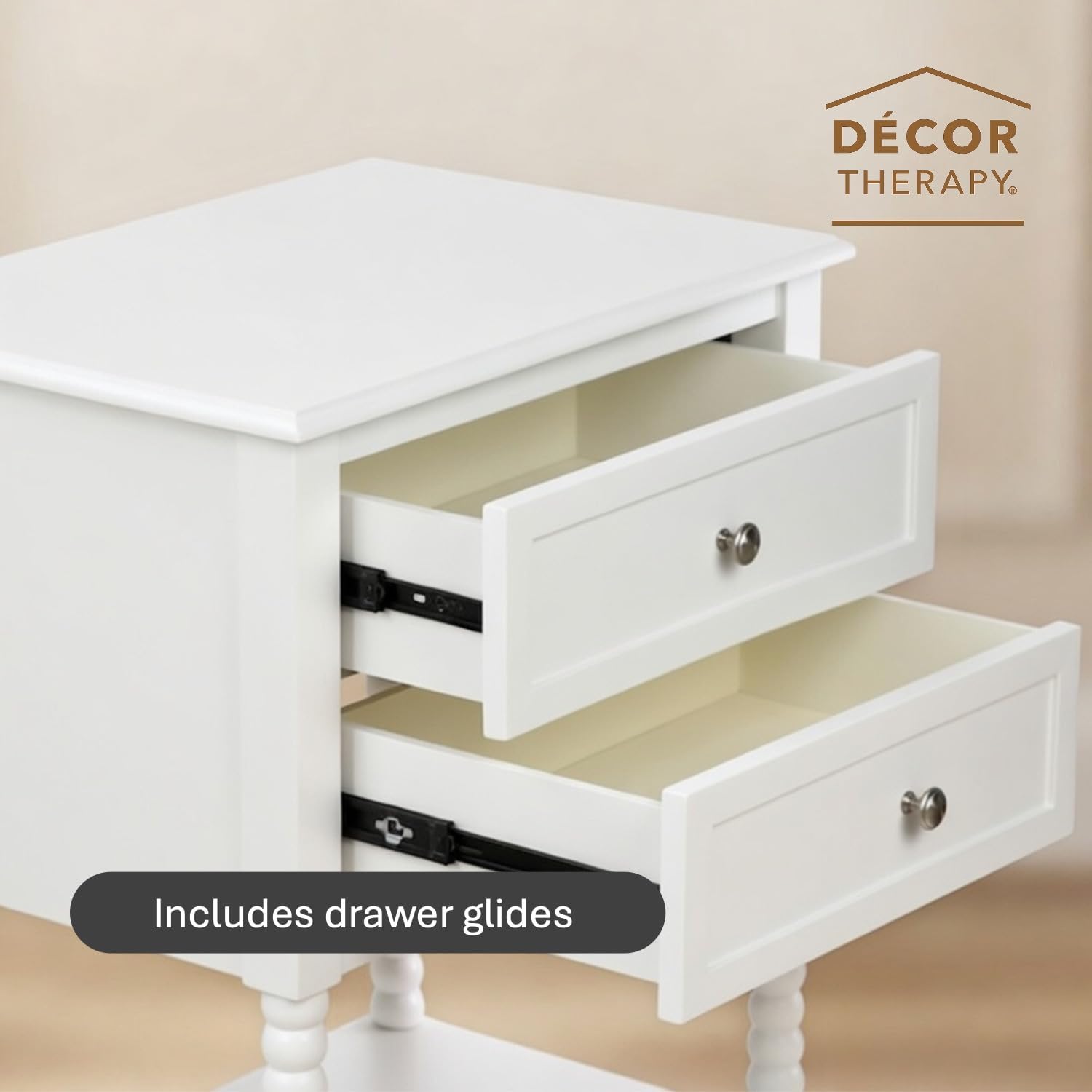 Decor Therapy Preston Two Drawer Side Table, Traditional Side Table with Dual Storage Drawers and Lower Shelf, Classic End Table or Bedside Table for Living Room or Bedroom, White
