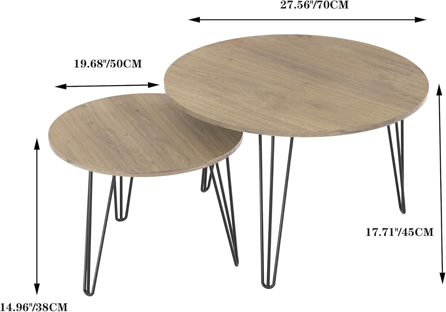 Small Round Nesting Coffee Table Set of 2 for Living Room, 27.56 inch Wood Modern Stacking Circle Coffee Table Side Table End Table with Metal Frame for Bedroom（Brown