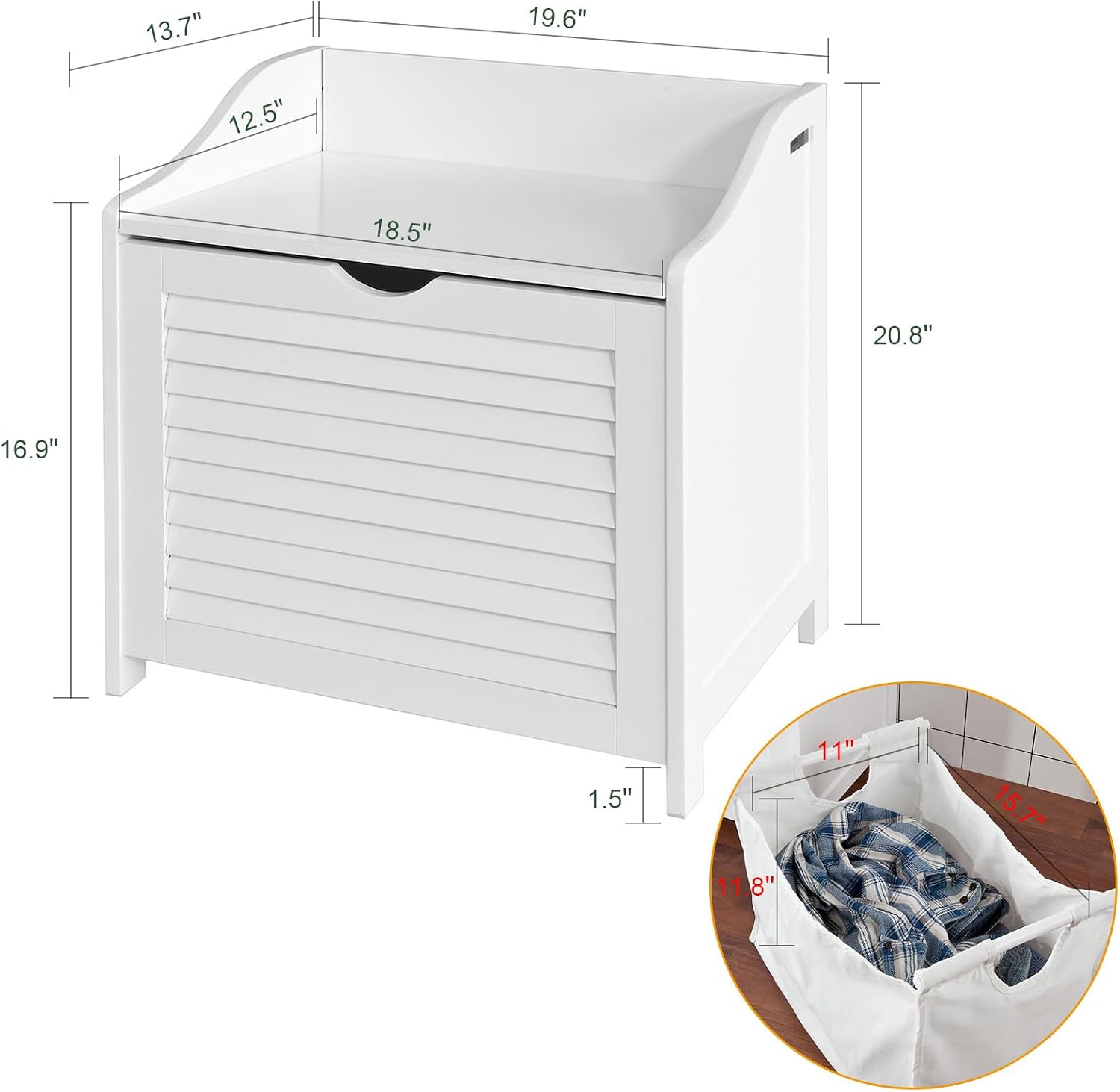 SoBuy Small Storage Bench with Laundry Hamper – Multi-Functional Bench with Removable Bag and Lid – Hidden Toy Chest, Blanket Storage Organizer for Bathroom, Bedroom, or Entryway – White, FSR40-W