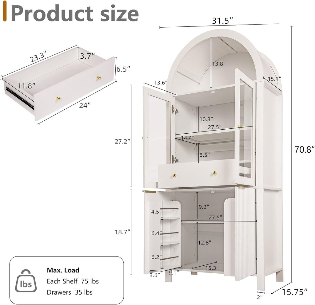 71" Tall Arched Pantry Cabinet with Adjustable Shelves, Kitchen Storage with Glass Doors, Modern Fluted Cabinet with Drawer, Display Unit for Kitchen, Dining Room