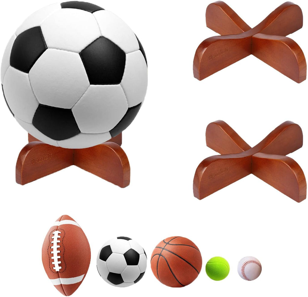 2-Pack Wooden Ball Display Stand - Solid Wood Sports Ball Holder for Football, Basketball, Rugby, Soccer, Volleyball Memorabilia - Premium Ball Display Case Base