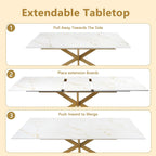 63"-79" Extendable Dining Table for 6-10 People, Modern Rectangle Extendable Kitchen Table with Gold Faux Marble Tabletop and Gold Metal Cross Legs for Restaurant/Dining Room/Kitchen/Living Room