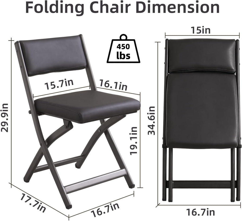 Folding Chairs with Cushion 2 Pack, High-Resilience Foam, Black | 450LBS Capacity, 2-Inch Thick Cushion, 4.7" Folded, Foldable Dining Chairs for Kitchen Dining Room Wedding Office Party
