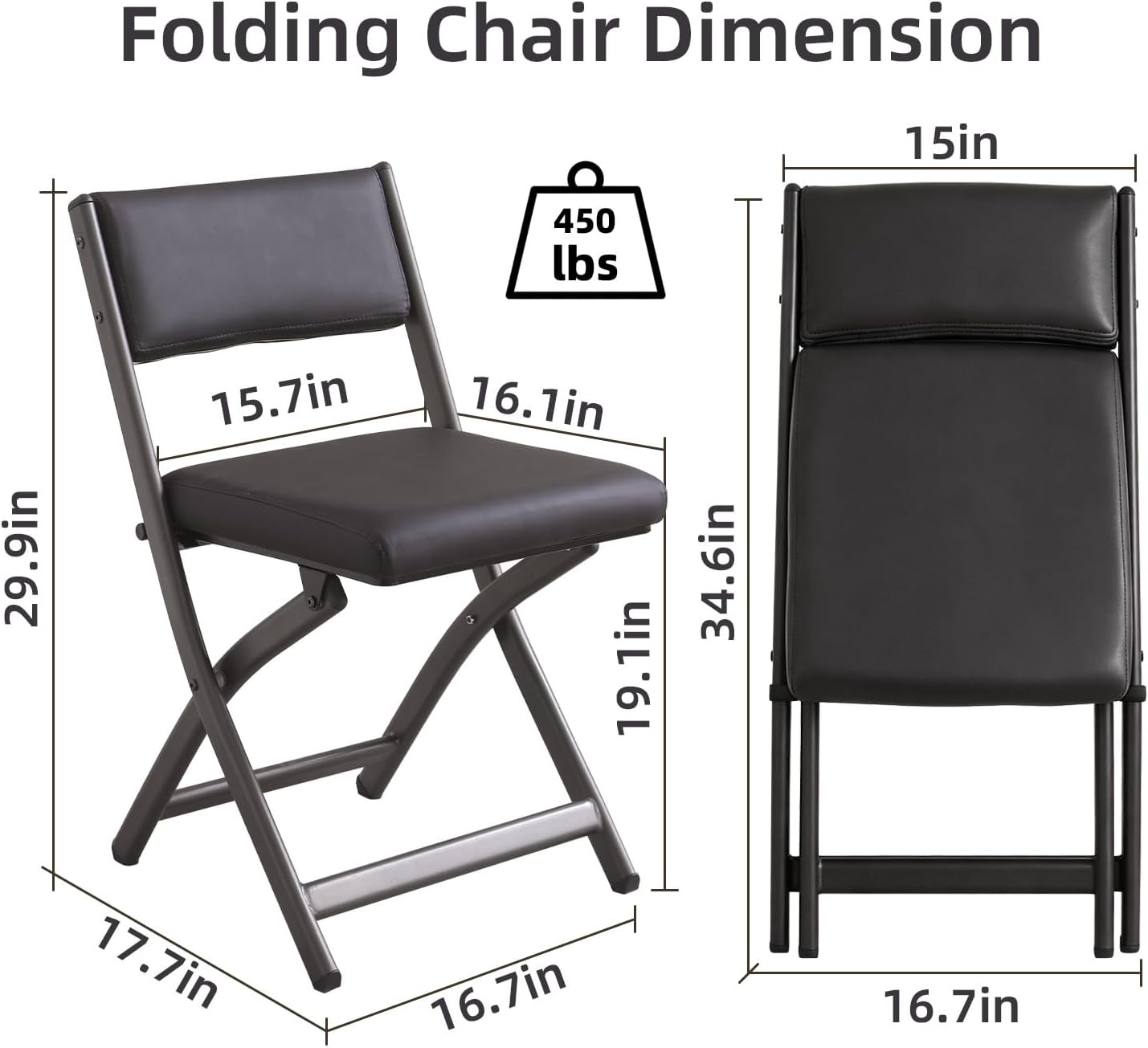 Folding Chairs with Cushion 2 Pack, High-Resilience Foam, Black | 450LBS Capacity, 2-Inch Thick Cushion, 4.7" Folded, Foldable Dining Chairs for Kitchen Dining Room Wedding Office Party