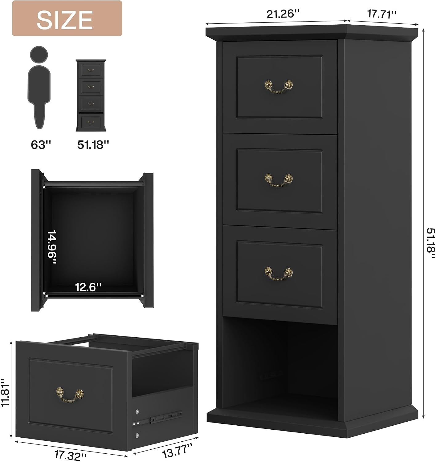 Tribesigns 4-Drawer File Cabinet, Tall Wood Filing Cabinet for A4/Letter/Legal Files, Vertical File Storage Printer Stand with Hanging Rails for Home Office, Black