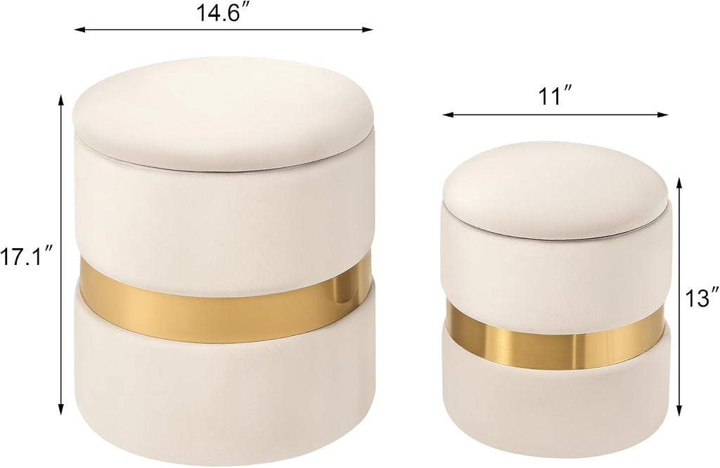 Joveco Round Storage Ottoman Set of 2, Velvet Upholstered Foot Rest Stool Vanity Footsool for Living Room, Bedroom, Light Beige