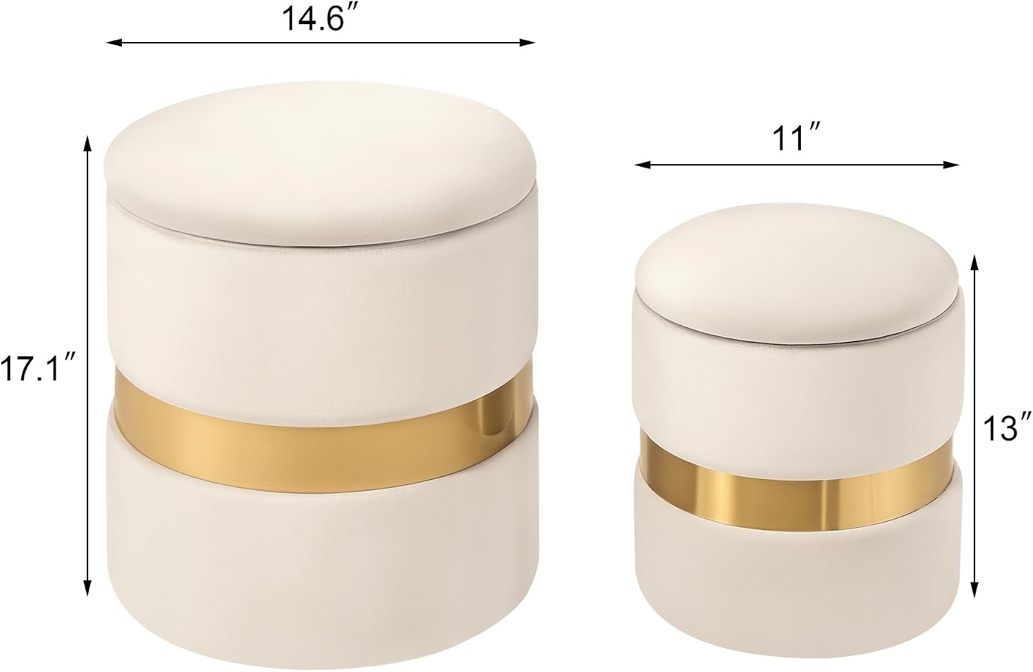 Joveco Round Storage Ottoman Set of 2, Velvet Upholstered Foot Rest Stool Vanity Footsool for Living Room, Bedroom, Light Beige