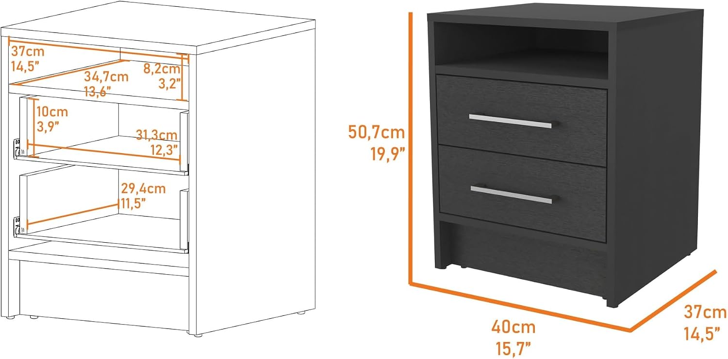 Philadelphia Nightstand, Two Drawers, Concealed Shelf,for Small Spaces