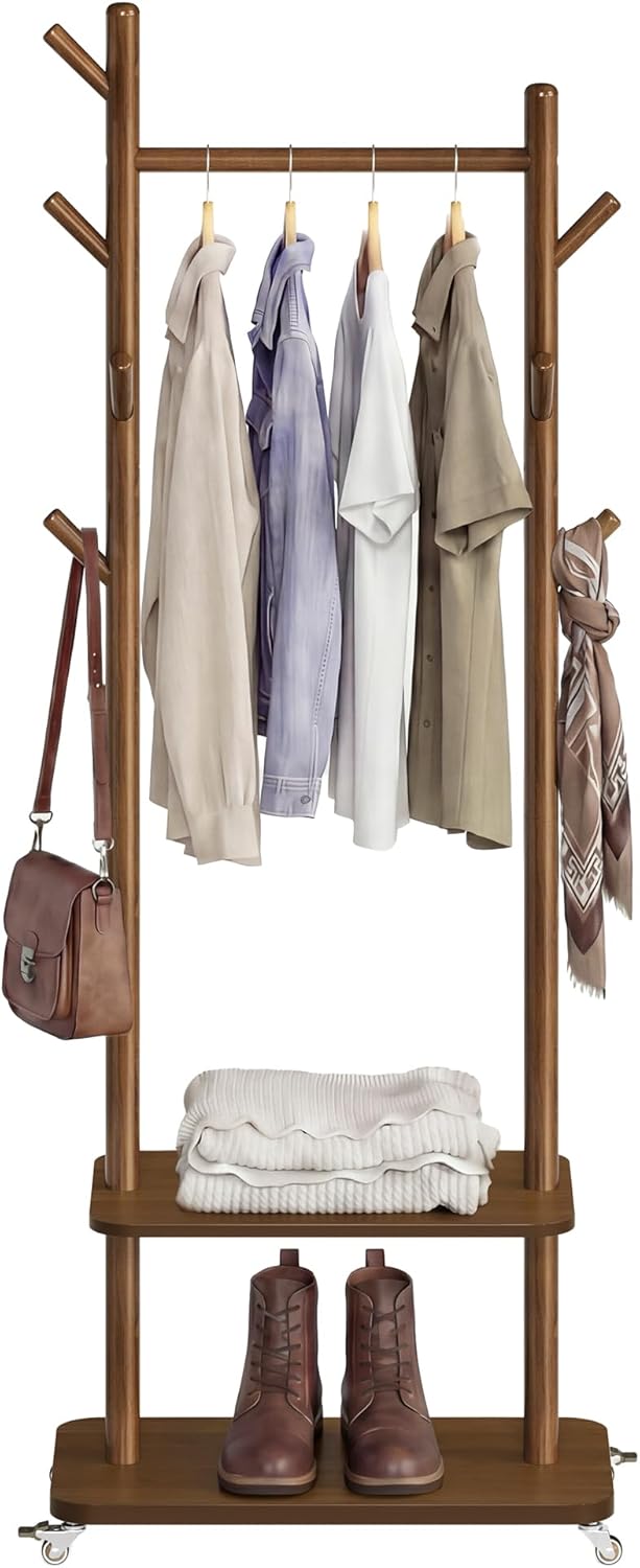 VASAGLE Freestanding Coat Rack Stand with 7 Hooks, 2 Shelves, 4 Removable 360° Swivel Wheels, Wooden Hooks and Pole, for Entryway, Bedroom, Living Room, Walnut Brown URCR053KJ01