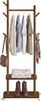 VASAGLE Freestanding Coat Rack Stand with 7 Hooks, 2 Shelves, 4 Removable 360° Swivel Wheels, Wooden Hooks and Pole, for Entryway, Bedroom, Living Room, Walnut Brown URCR053KJ01