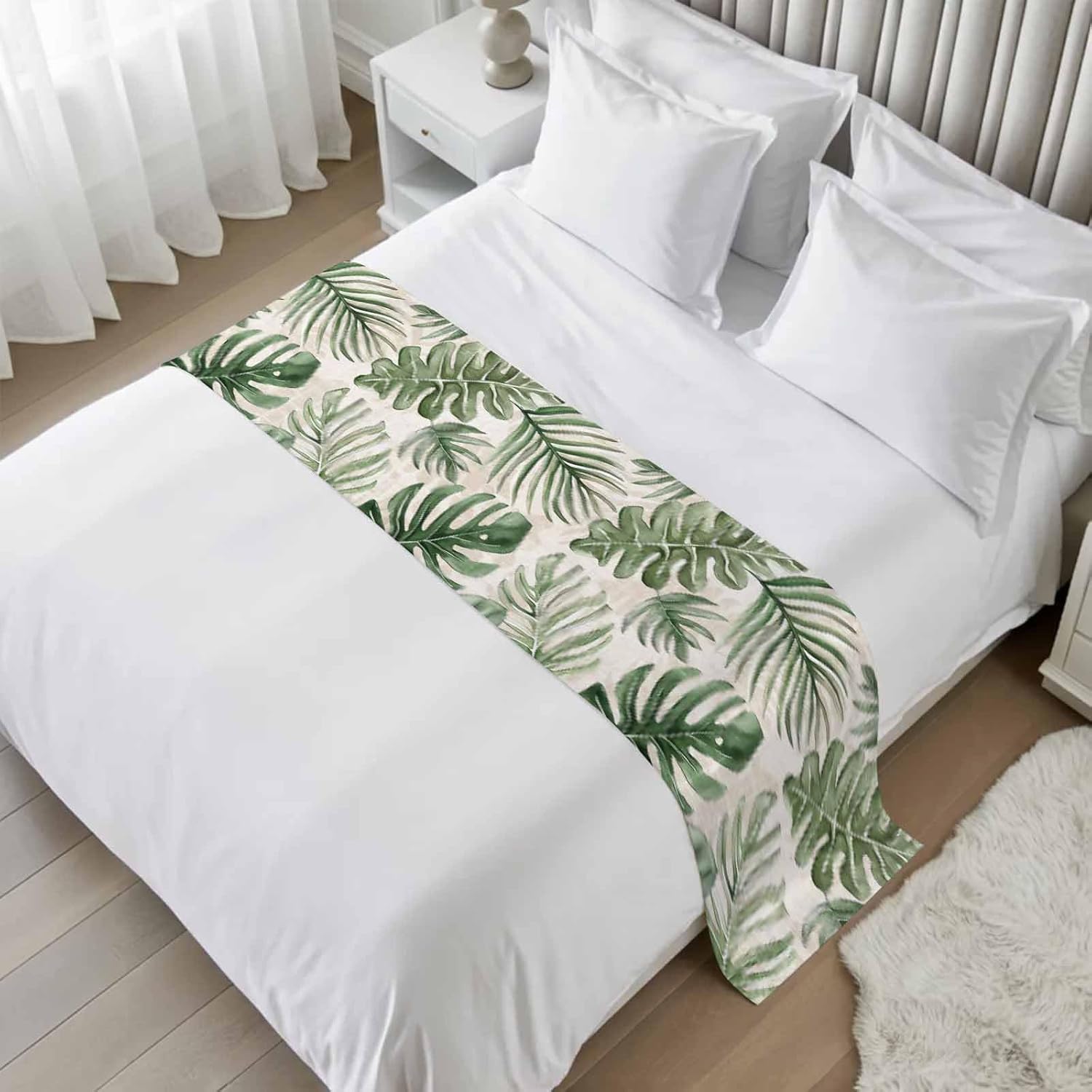 Green Monstera Deliciosa Bed Runner Scarf Cal King Size, Summer Botanical Tropical Vintage Luxury Bed Throw Runners & Scarves for Twin Full Queen King Foot of Beds, Bedroom Decoration, 102"x20"