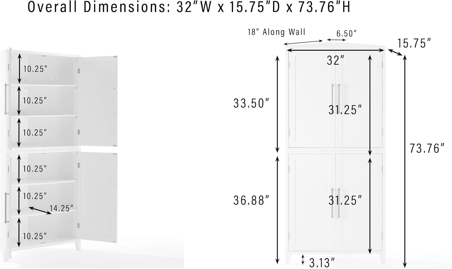 Crosley Furniture Roarke 3-Piece Modern Sideboard Buffet Cabinet and Kitchen Storage Pantry Set, White