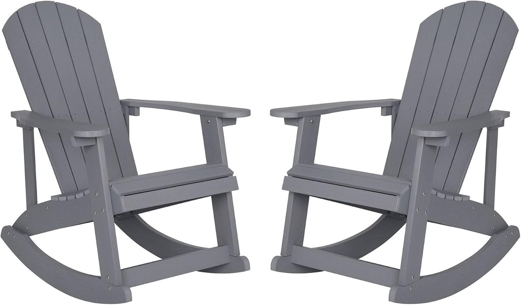 Flash Furniture Set of 2 Savannah Adirondack Rocking Chairs and Charlestown Adirondack Chair, 350-lb Capacity, Polyresin Wood Style, Gray