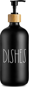 Dish Soap Dispenser for Kitchen, Matte Black Soap Dispenser, Glass Dishes Soap Dispenser with Bamboo Pump, 17 Fl Oz Refillable Liquid Soap Bottle Container, Farmhouse Kitchen Deco