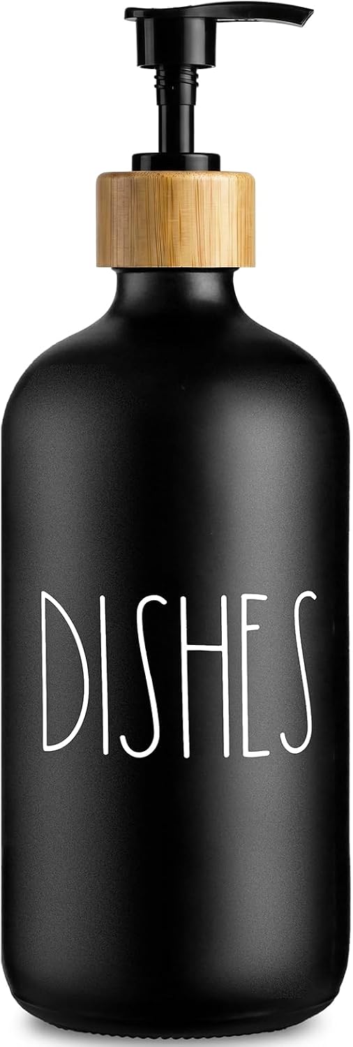 Dish Soap Dispenser for Kitchen, Matte Black Soap Dispenser, Glass Dishes Soap Dispenser with Bamboo Pump, 17 Fl Oz Refillable Liquid Soap Bottle Container, Farmhouse Kitchen Deco