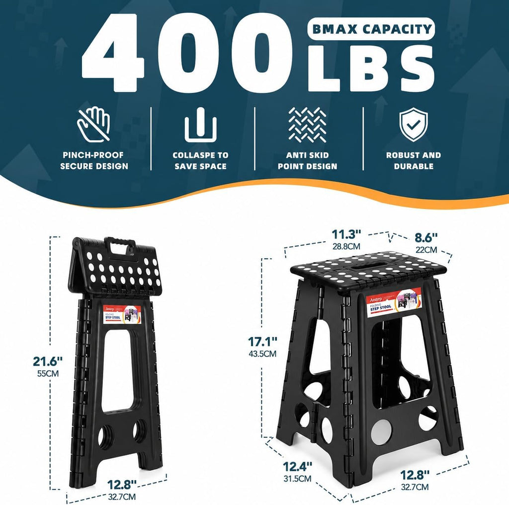 ACSTEP 17.5 Inch Folding Step Stool 2 Pack, 400 LB Capacity Plastic Foldable Stools with Handle, Non-Slip Step Stool for Kids and Adults, Home Use (Black & Black)