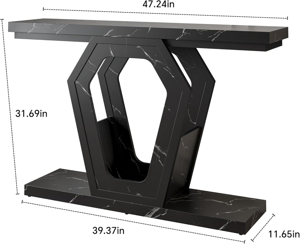 FUSUNBAO 47.3" Console Table,Openwork Bracket Sofa Table, Wood Narrow Entryway Table for Hallway, Behind The Couch, Living Room, Foyer, Easy Assembly (Black Marble Texture)