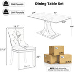 Modern Luxury Glass Dining Set for 6, 63'' Large Minimalist Rectangle Dinner Set for 6, 7 Pieces Clear Glass Top Kitchen Table Set with White & Gold Base, Beige Tufted Chairs, for Apartment